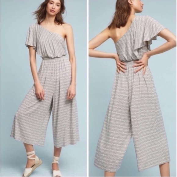 Anthropologie Pants - ANTHROPOLOGIE MAEVE Women’s Ivory Black Geometric Print One Shoulder Jumpsuit XS